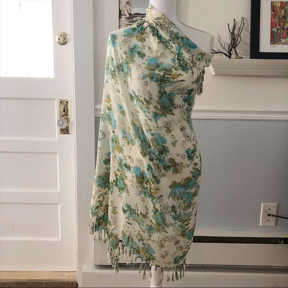 Blue Green Floral Fringe Square Scarf, 42” x 39”